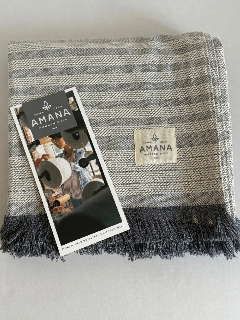 NEW! Amana Woolen Mill 100% Cotton Throw (Color: Gray/Blue/White)